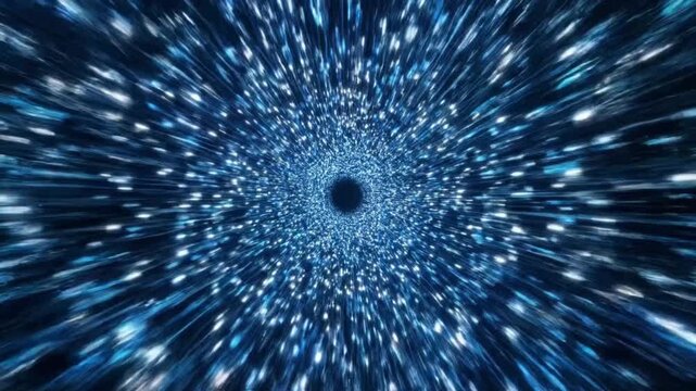Space exploration journey through a blue vortex and bright stars in an endless universe