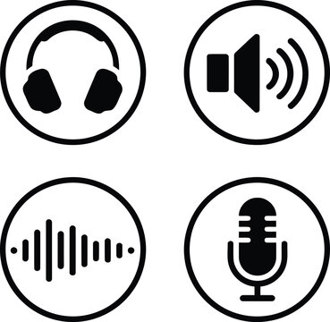 Four icons representing audio equipment and sound features in a digital interface