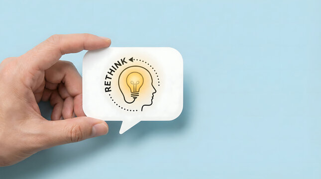 Hand holding speech bubble with rethink concept, lightbulb idea, human head silhouette