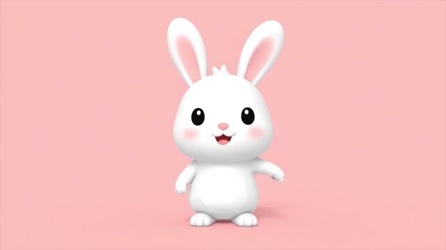A cute cartoon rabbit character standing in a minimalist pink environment viewed from the front