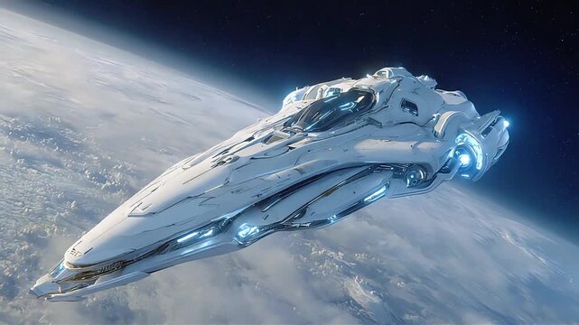 A sleek spaceship glides over Earth, evoking wonder and exploration. Perfect for science fiction themes and futuristic concepts.