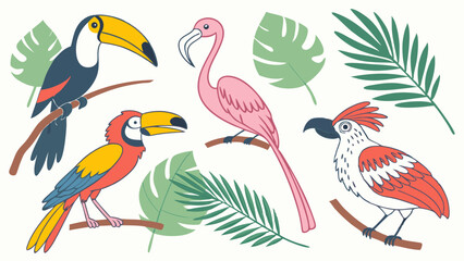 Fototapeta premium Vibrant Tropical Birds Toucan Flamingo Macaw Cockatoo Jungle Foliage Illustration for Summer Travel Design Projects