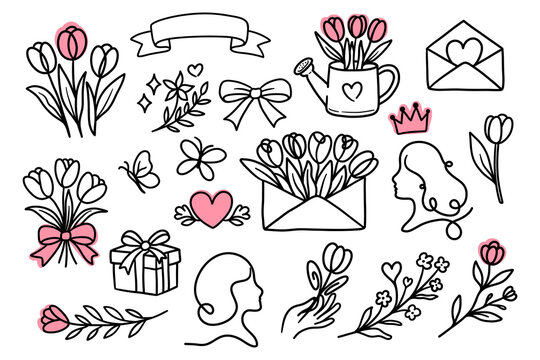 International Women Day decorative doodle collection with flowers envelopes hearts and feminine elements isolated on white background festive spring set. Vector illustration