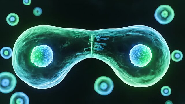 Dynamic visualization of a single cell splitting into two new daughter cells, representing cellular mitosis and the essential foundations of life and biological reproduction