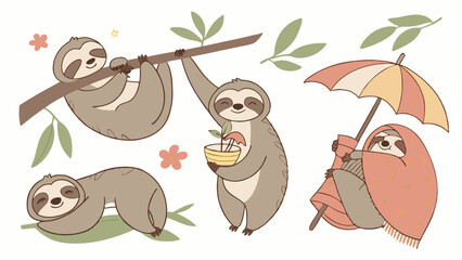 Fototapeta premium Cute Sloth Set Relaxing Hanging Gardening Under Umbrella for Cozy Nature Web Design or Children Book Illustration