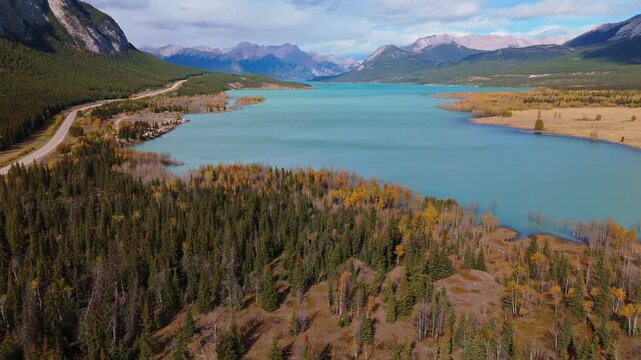Wide Panoramic View Of Abraham Lake In Autumn