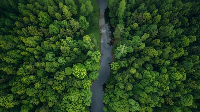 Aerial top view of dense green forest canopy divided by narrow river flowing through natural landscape
