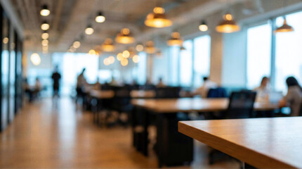 Fototapeta premium Modern office interior with blurred background and warm lighting.