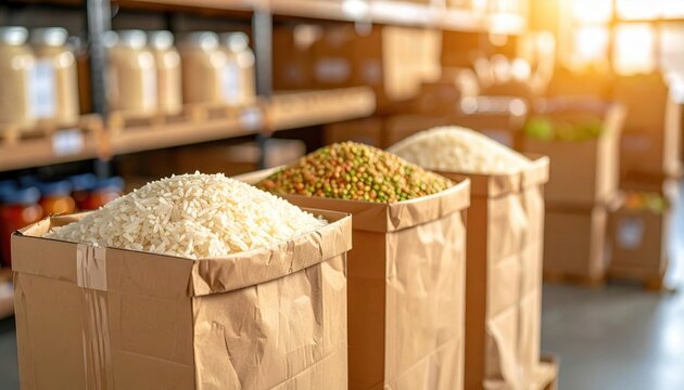 Photorealistic DSLR style image of essential non-perishable food items, including rice and beans, packaged as humanitarian aid parcels, representing global support efforts.