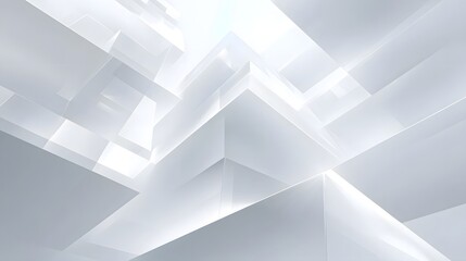 A minimalist abstract depiction of interlocking geometric shapes and planes rendered in shades of white and grey with bright lighting and sharp angles evoking futuristic architectural concepts