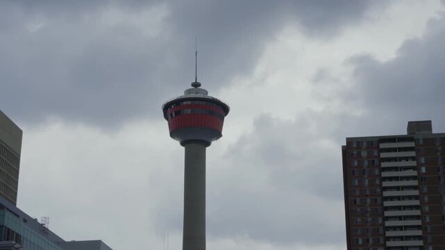 Calgary Tower observation deck landmark against cloudy sky in Alberta, Canada