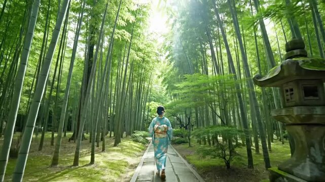Walking through a bamboo forest in Japan wearing a traditional kimono and appreciating nature at midday