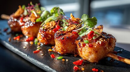 Glazed asian skewers serving on a dark slate