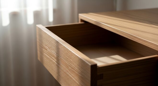 Empty wooden drawer opened in a minimalist modern furniture cabinet
