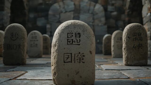 Weathered stone grave markers arranged in historic cemetery courtyard with shallow depth of field focus