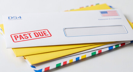 Stack of official financial correspondence featuring prominent red past due notification stamp on top envelope symbolizes impending payment deadlines and urgent correspondence.