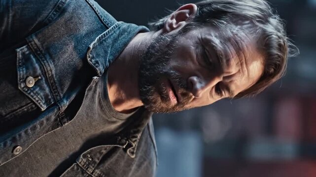 Man shows deep thought while looking down in urban setting at night