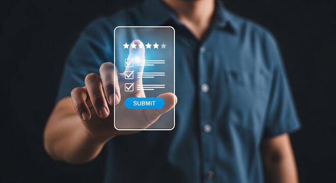 Businessman using a smartphone interface to complete a digital customer satisfaction survey featuring star ratings and checklist selections before pressing the final submit button