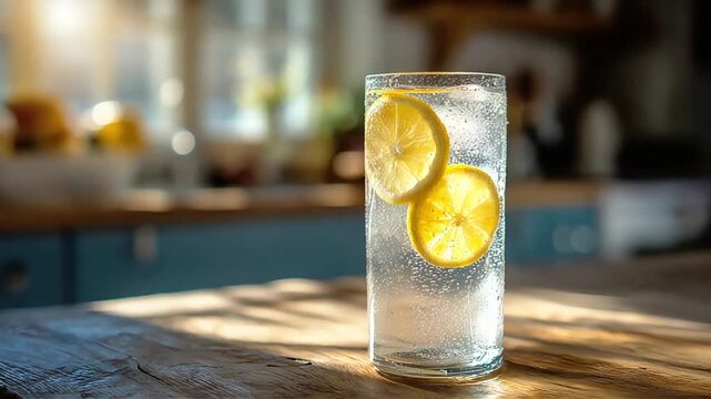A bright and refreshing lemon water glass evokes a sense of health and vitality, perfect for lifestyle or food blogs.