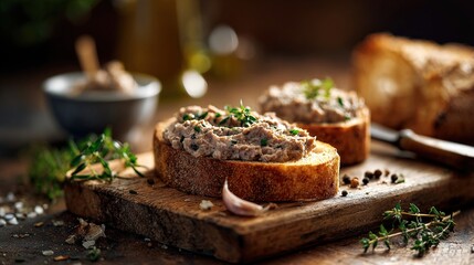 Savory liver p&acirc;t&eacute; spreads on rustic toast