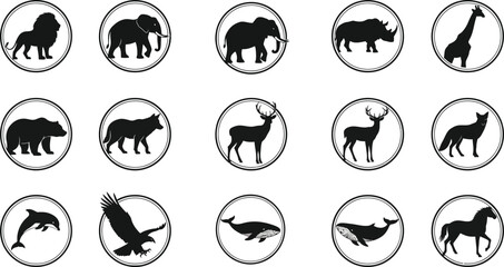 Animal emblems within circular frames showcasing distinctive black silhouettes high quality © Rita