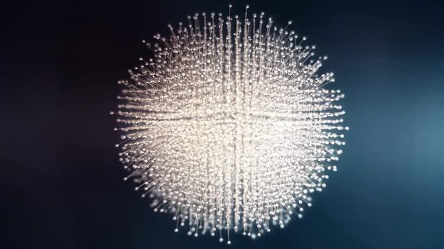 Abstract glowing sphere of light particles in dark background.