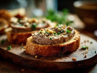 Liver pate crostini slices on rustic board