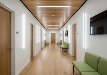 Obraz premium Modern and clean hallway with green benches in a professional clinic or office building, ideal for patient waiting areas and corporate environments.