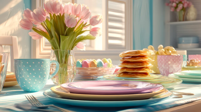 A cheerful Easter brunch table with pastel plates and a vase of tulips, medium interior shot.
