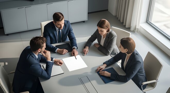 Business professionals gathered around a table in a modern office, signing documents and discussing strategies from a high vantage point