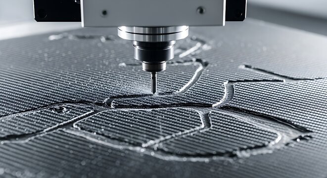 Close up on a computer numerical control milling machine precisely engraving intricate patterns into a sheet of dark carbon fiber material during high speed manufacturing