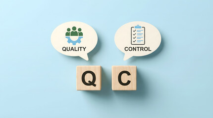 Quality Control Concept: QC Blocks and Speech Bubbles with Icons
