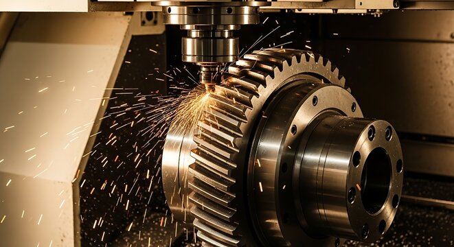 Precision machining process featuring a large metal gear being cut by a modern cnc machine tool producing bright orange sparks of intense heat.