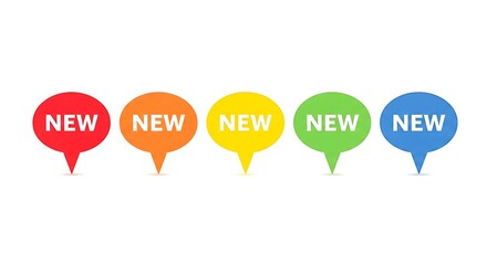 Colorful speech bubbles displaying the word new with different background colors isolated on white background