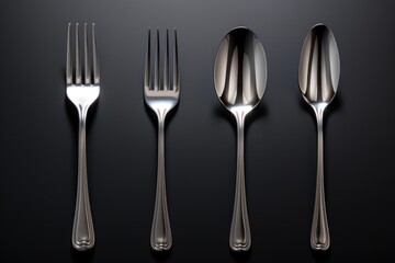 Polished stainless steel cutlery including forks and spoons arranged symmetrically