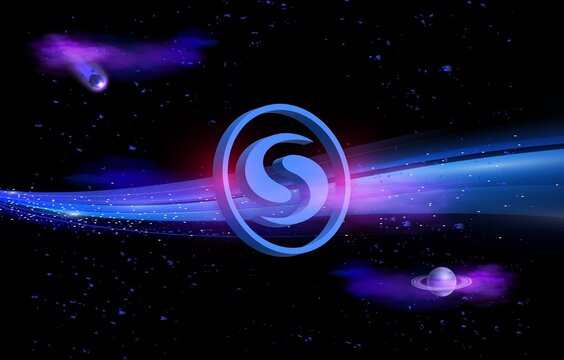 syscoin-sys cryptocurrency images on digital background. 3d illustration.