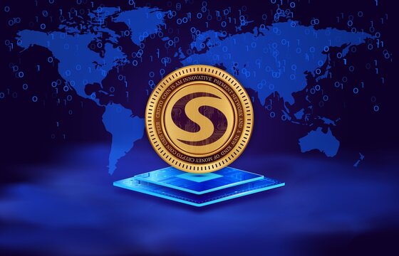 syscoin-sys cryptocurrency images on digital background. 3d illustration.