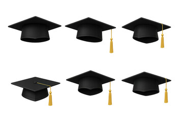 Six black graduation mortarboard caps with gold tassels shown from various angles on a transparent background