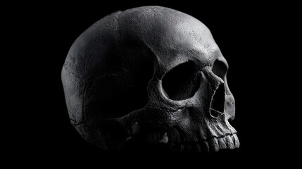 Obraz premium Detailed profile view of a dark rough textured human skull artfully lit against a stark black background evoking themes of mortality and mystery