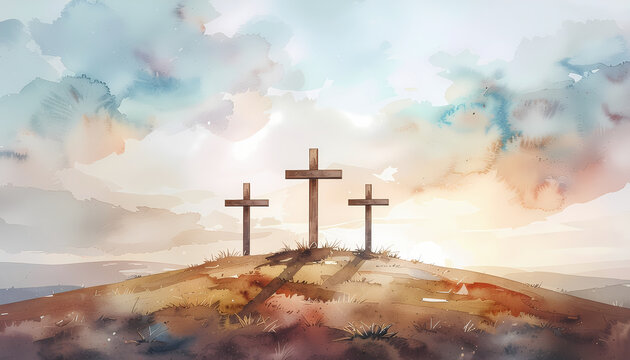Solemn good friday background Three crosses rise on a hill against a vibrant, expressive sky