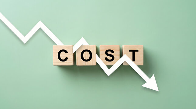 Cost Reduction Concept: Downward Arrow Graph and Wooden Blocks Spelling "COST"