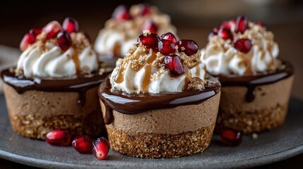 Chocolate cheesecake cupcakes with pomegranate seeds and whipped cream