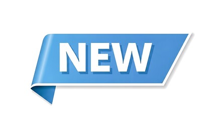 A vibrant blue ribbon with the word new written in bold white letters isolated on white background