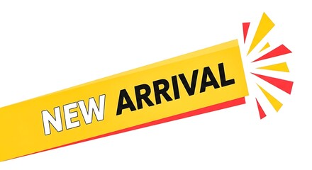 Vibrant new arrival banner with bold text and colorful design elements isolated on white background