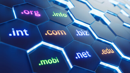 Domain names - internet and web telecommunication concept. 3d rendering
