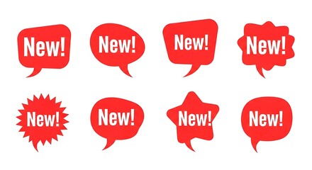 A collection of eight vibrant red speech bubbles with the word new in white text isolated on white background