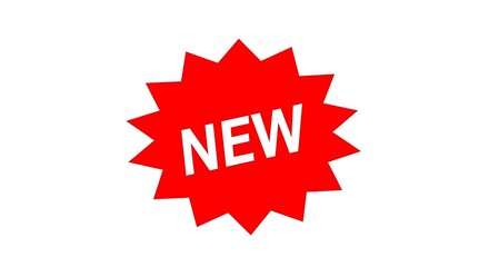 A vibrant red starburst graphic with the word new in bold white letters isolated on white background
