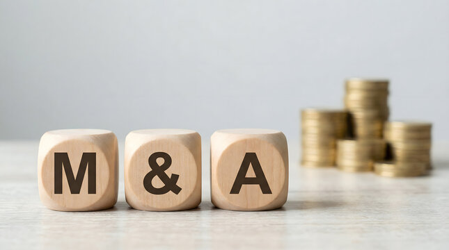 M&A wooden blocks with coins stacks representing merger and acquisition concept