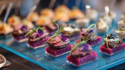 Gourmet appetizers on glass plate for catering event