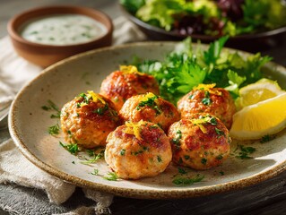Chicken meatballs with lemon parsley garnish and dip